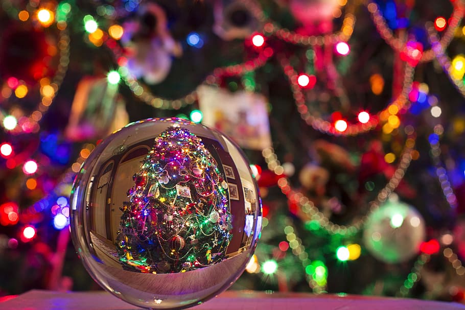 selective, focus, grey, bauble, christmas, crystal ball, christmas tree, bulb, reflection, ball