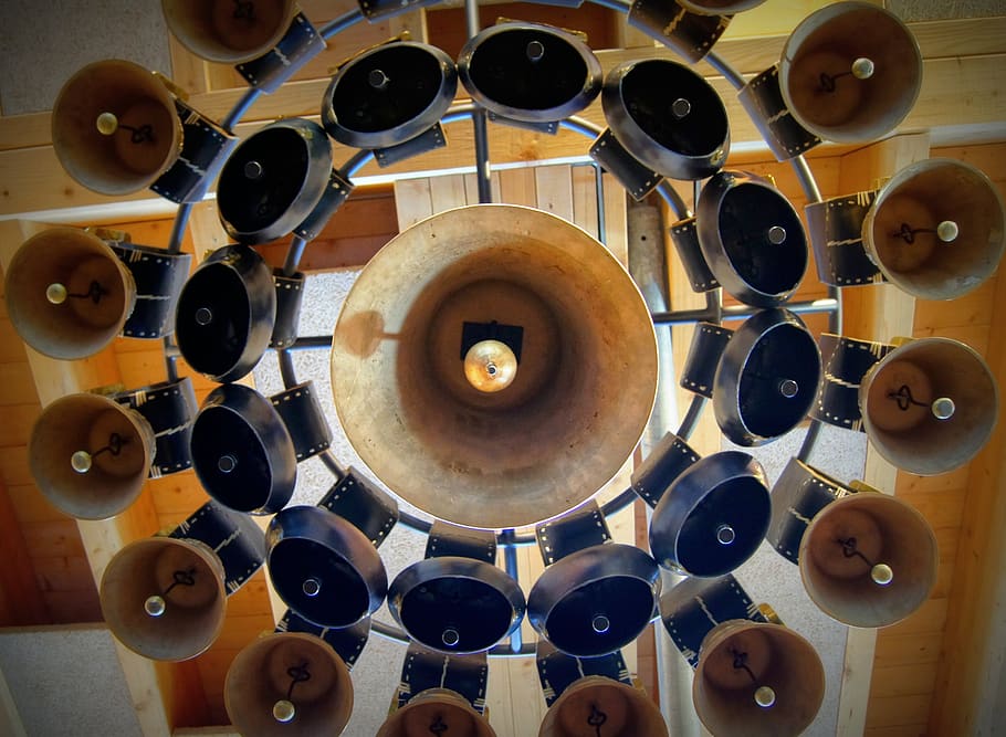 bells, circle, cowbell, geometric shape, shape, indoors, technology, large group of objects, metal, directly below