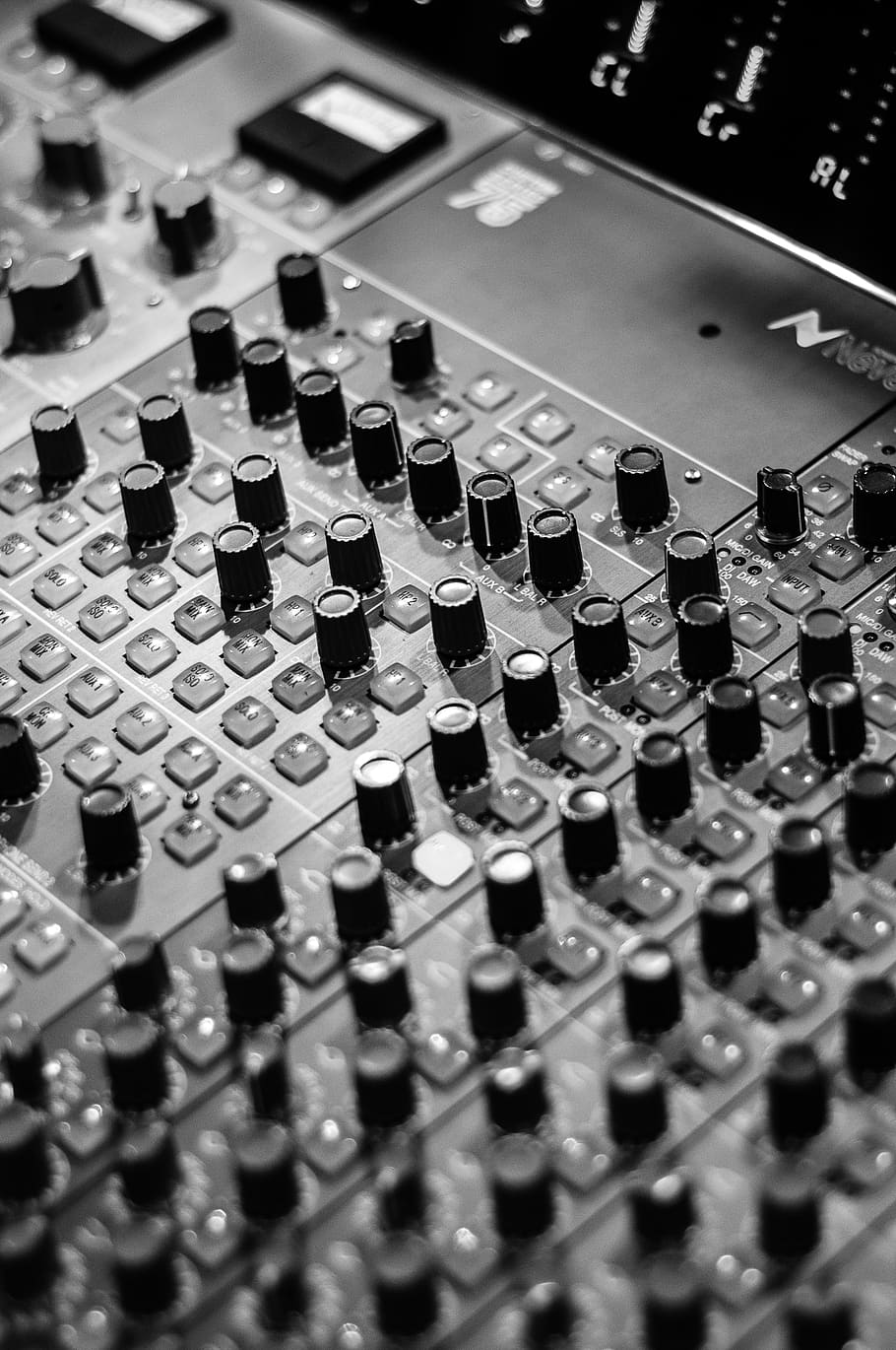 mixing, recording, console, music, studio, equipment, technology, indoors, close-up, selective focus
