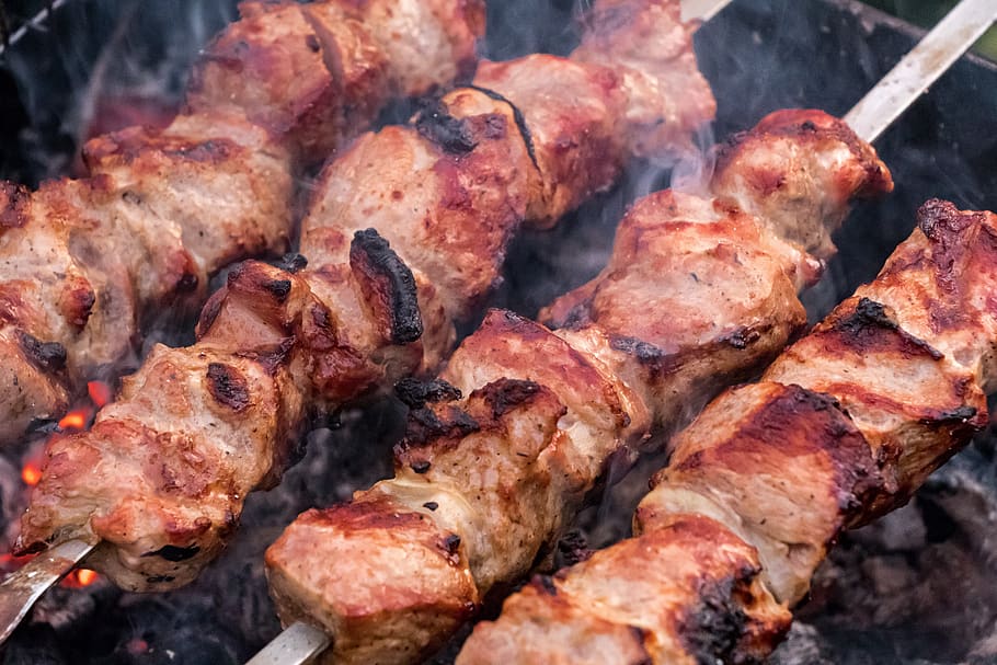 shish kebab, meat, mangal, skewers, nutrition, frying, coals, picnic, grill, meat skewers