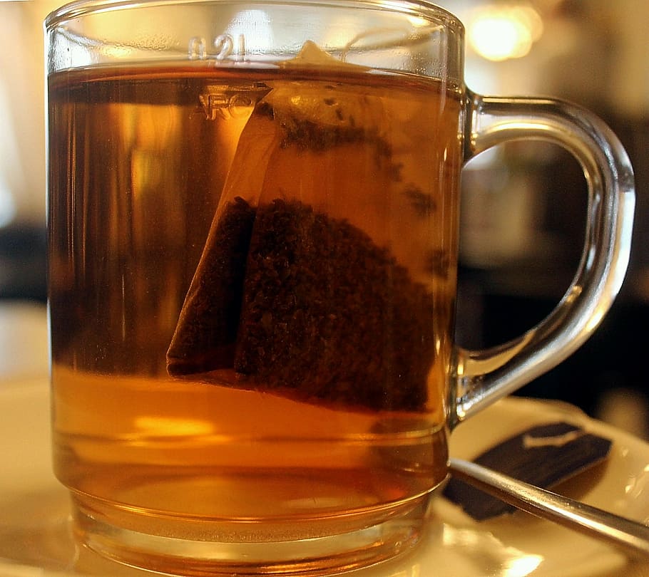 clear, glass mug, filled, tea, tee, teacup, black tea, drink, cup, darjeeling