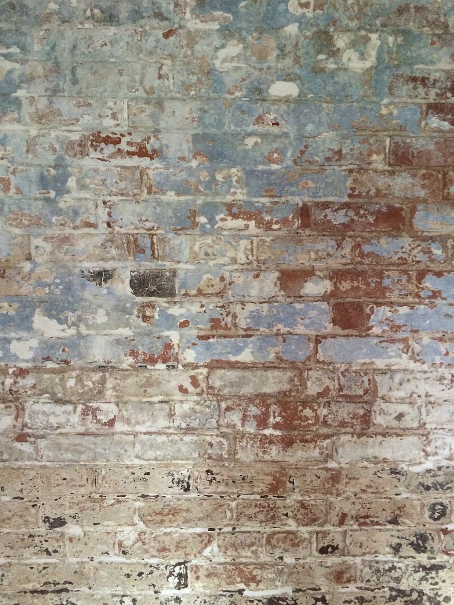 velho, pintura, parede, descamação, azul, vermelho, tijolo, planos de fundo - parede Característica de construção, padrão, texturizado