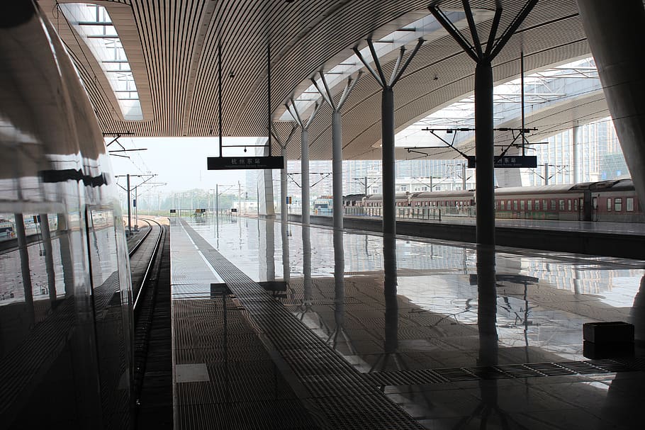 station, shanghai, train, platform, gray, reflection, architecture, indoors, built structure, transportation