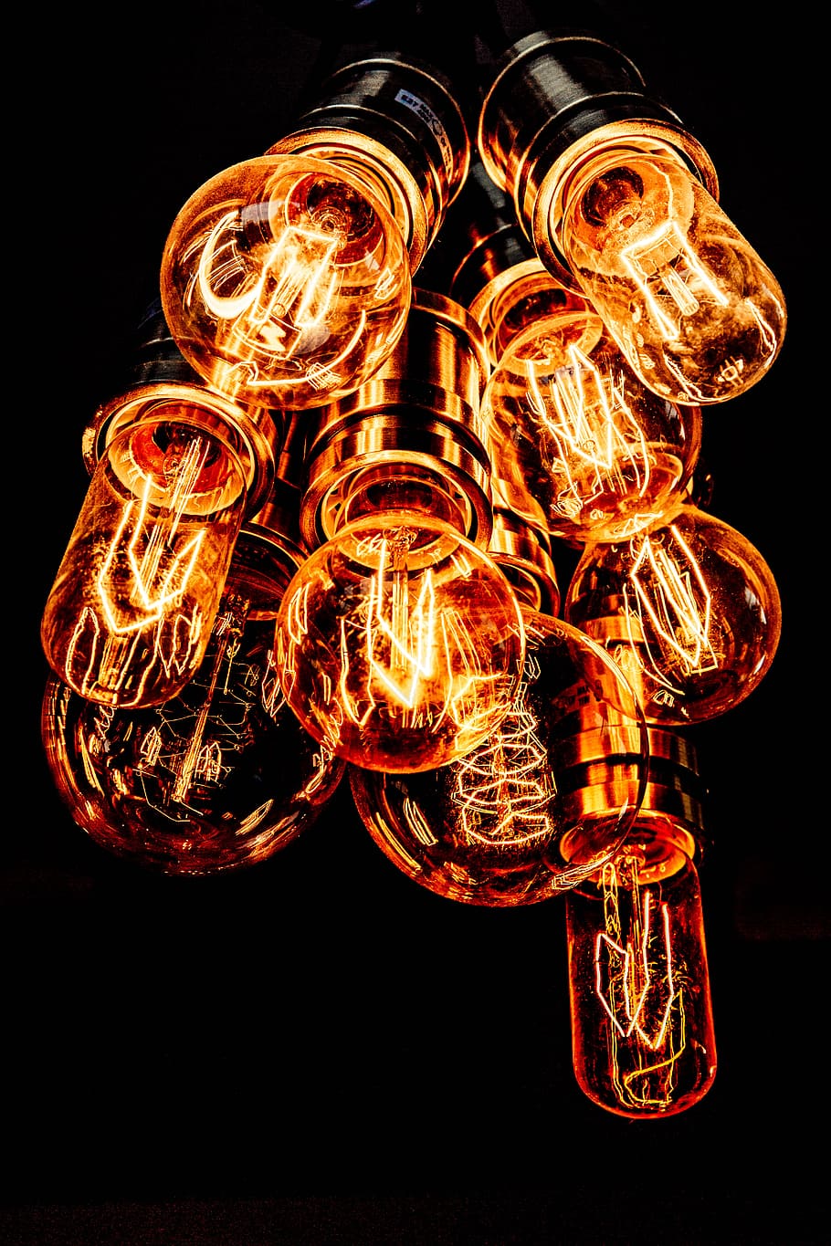The Light Fantastic, bunch, turned-on, Edison, bulbs, illuminated, low angle view, glowing, black background, night