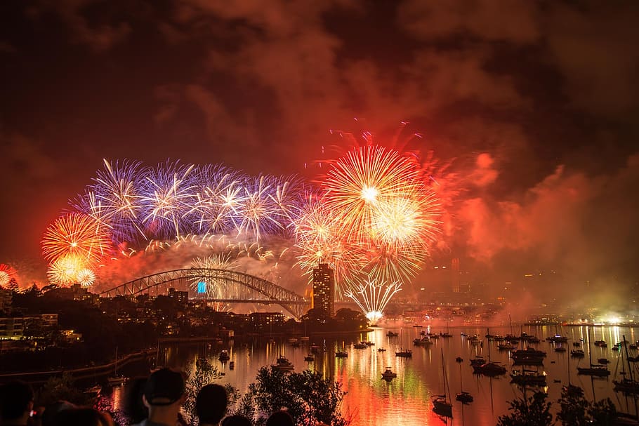 fireworks display, sylvester, new year, 2015, sydney, australia, harbour, bridge, happy new year, night