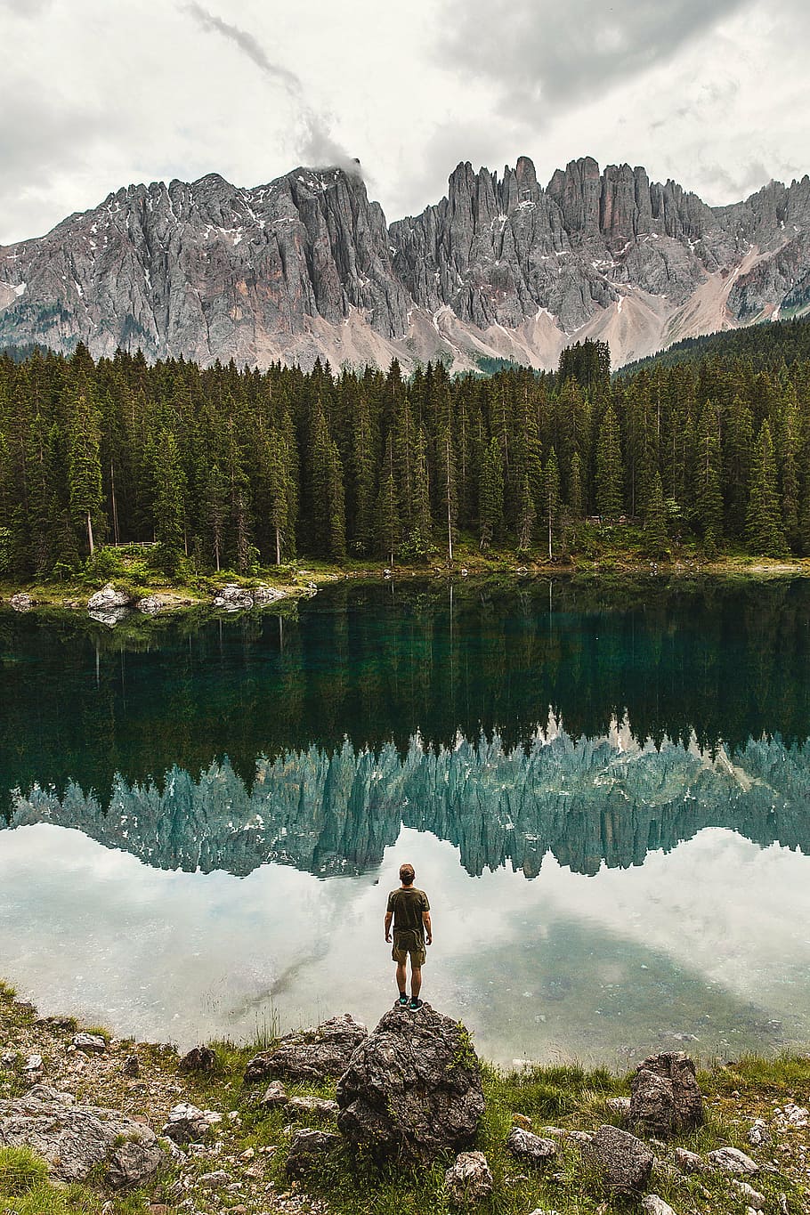 homem, em pé, pedregulho, enfrentando, lago, pinheiros, dia, montanha, montanhas, nuvem
