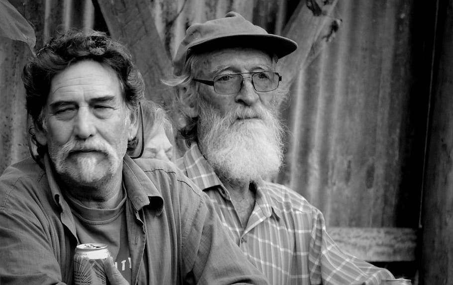 grayscale photography, two, men, sitting, old, male, grandfather, aged, retired, friends