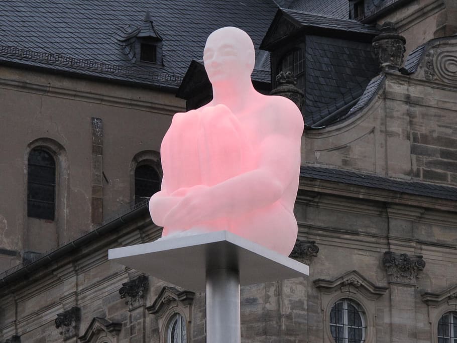 bamberg, light installation, dom anniversary, light art, church, art, man, pink, light, architecture