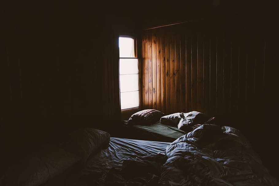 white bedspread, bed, sheet, pillow, blanket, room, window, light, dark, furniture