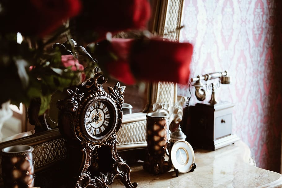 vintage, old, clock, telephone, house, home decoration, design, antique, indoors, metal