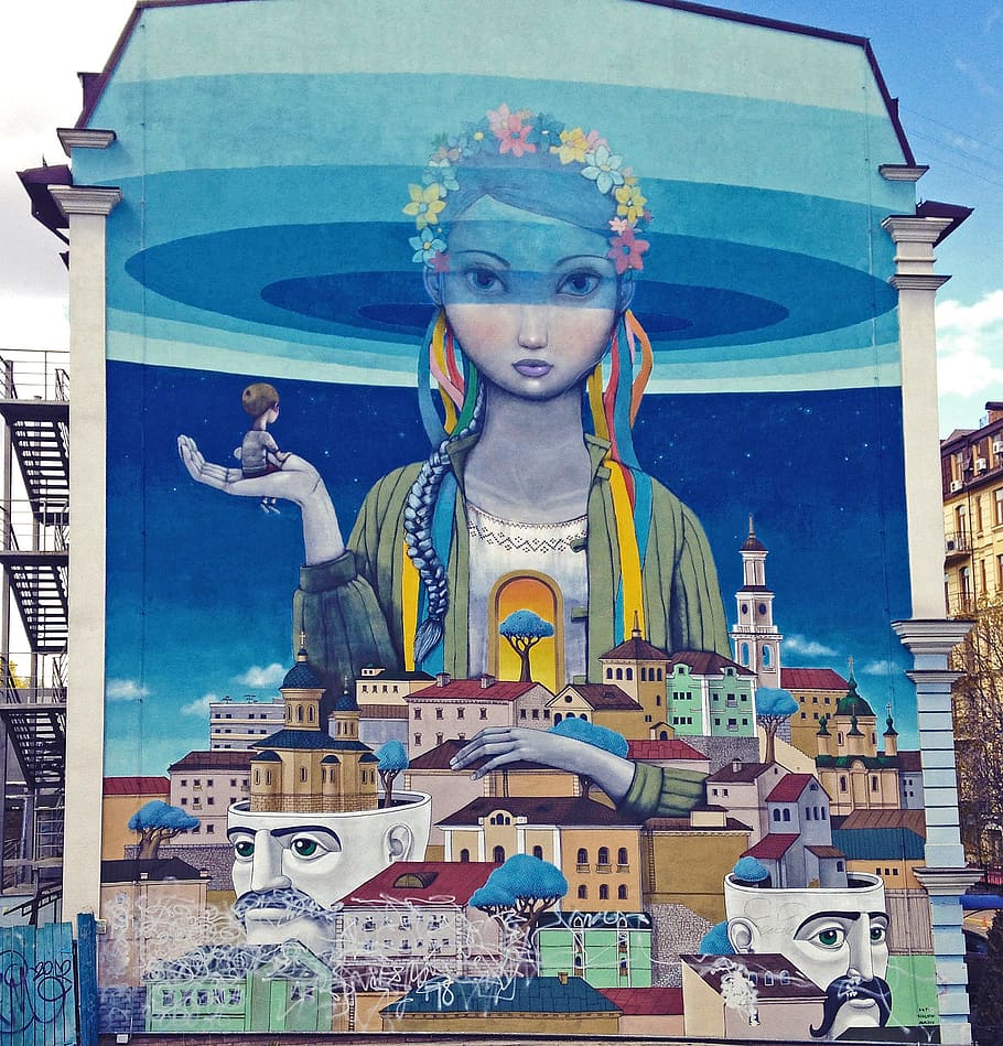 Kiev, Ucrania, Mural, Hauswand, arte callejero, arquitectura, lugar famoso, historia, estatua, Europa