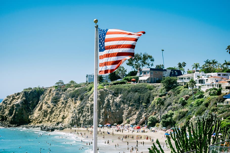 nature, sand, summer, beach, water, sea, ocean, flagpole, flag, america