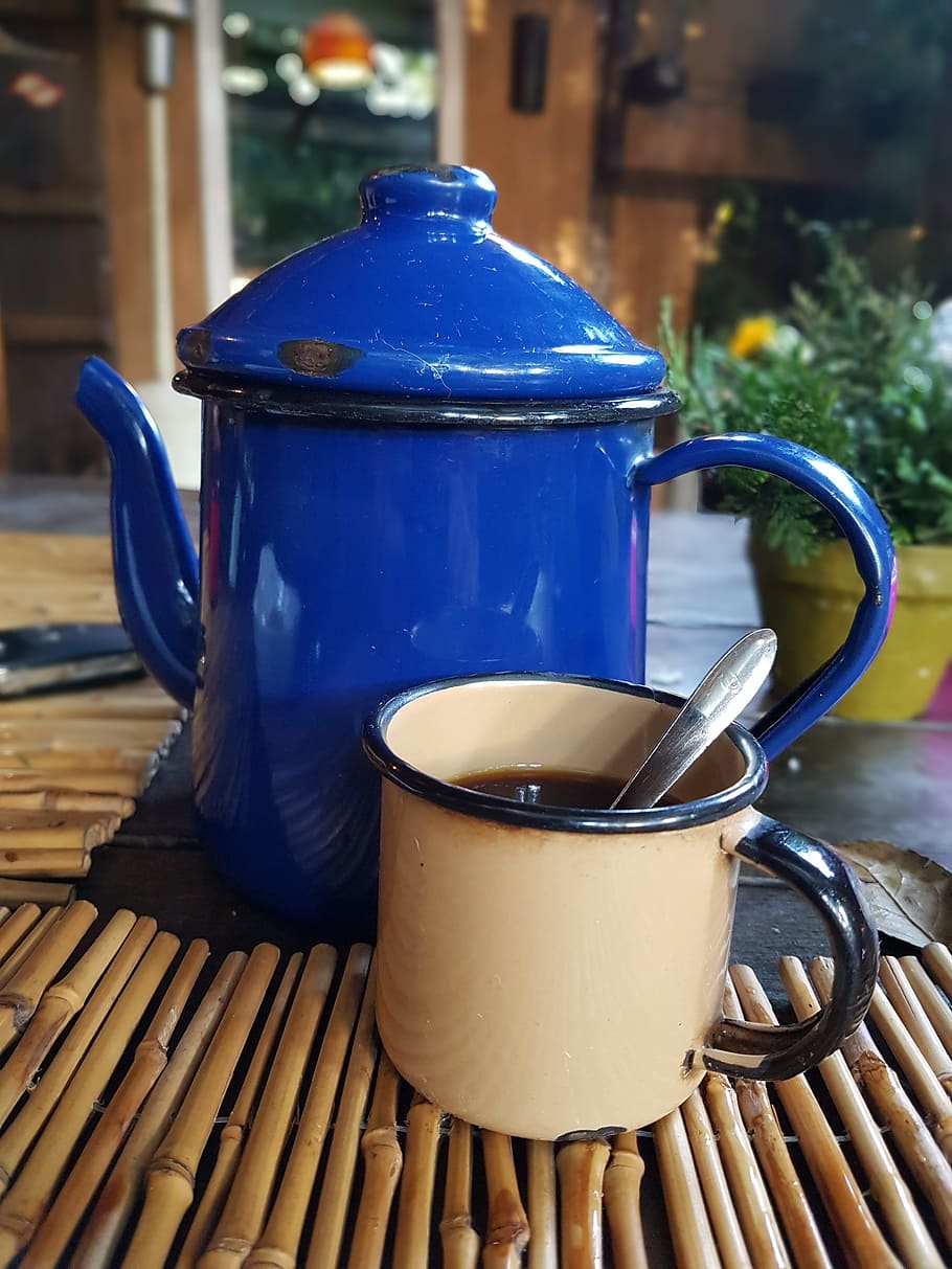 Coffee, Teapot, Farm, cup, drink, food and drink, blue, heat - temperature, close-up, refreshment