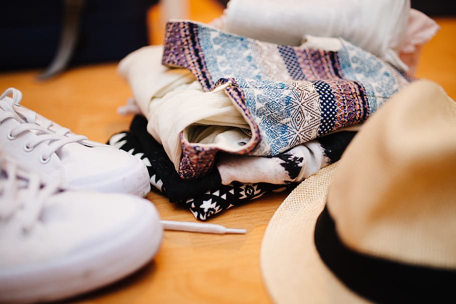 clothes, sneakers, shoes, fedora, hat, fashion, selective focus, indoors, clothing, choice