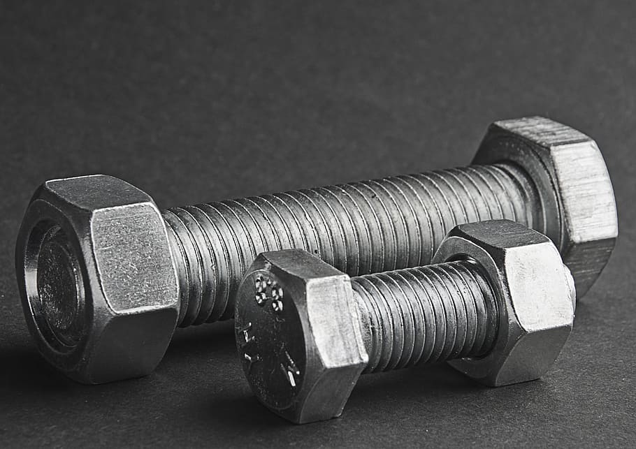 two, gray, steel bolts, nuts, black, surface, the screws, technique, steel, thread