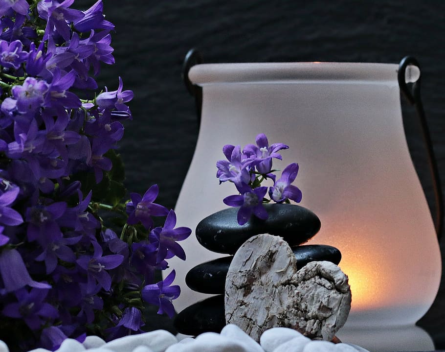purple flower arrangement, stone tower, zen, balance, stones, relaxation, decoration, rest, tower, stack