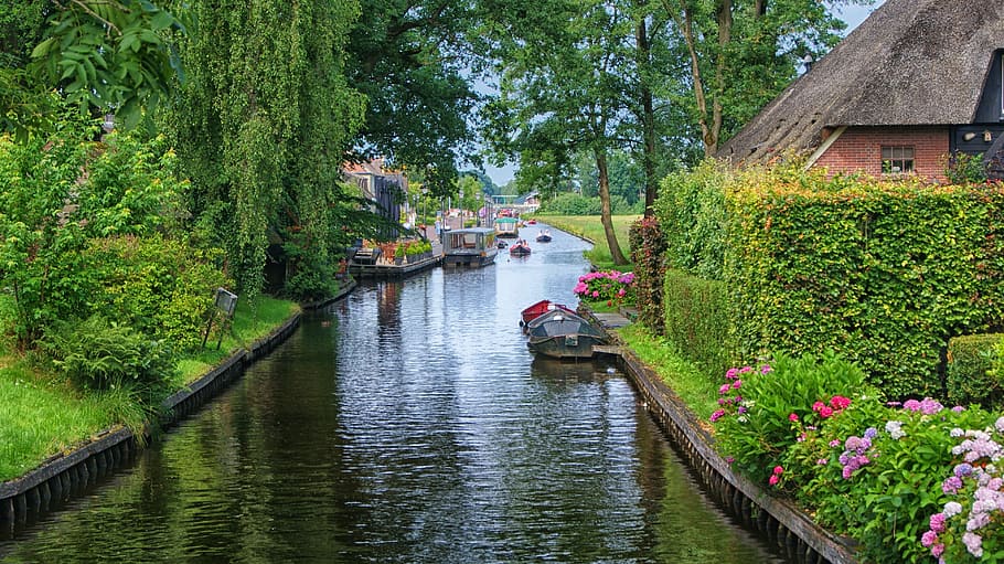 spring river, green, trees, Giethoorn, Water, Boating, Nature, the wieden, landscape, nature reserve