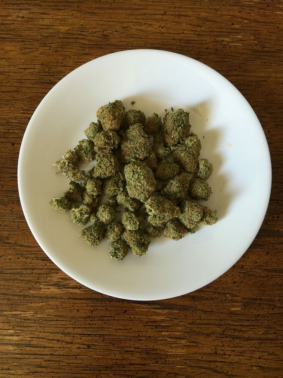 green, cannabis buds, white, ceramic, plate, Cannabis, Marijuana, Weed, Drug, Hemp