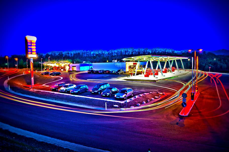 Petrol Stations, Hdr, Red, Night, sureal, red, night, atmosphere, refuel, mood, blue