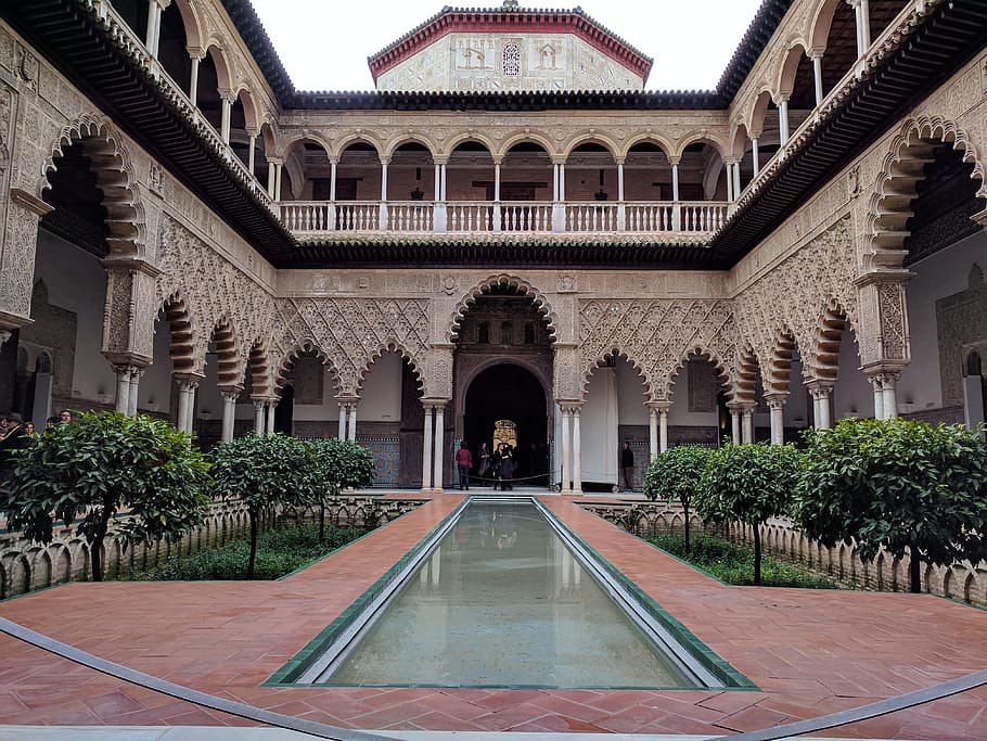 seville, spain, alcazar, islamic architecture, courtyard, architecture, built structure, building exterior, arch, plant