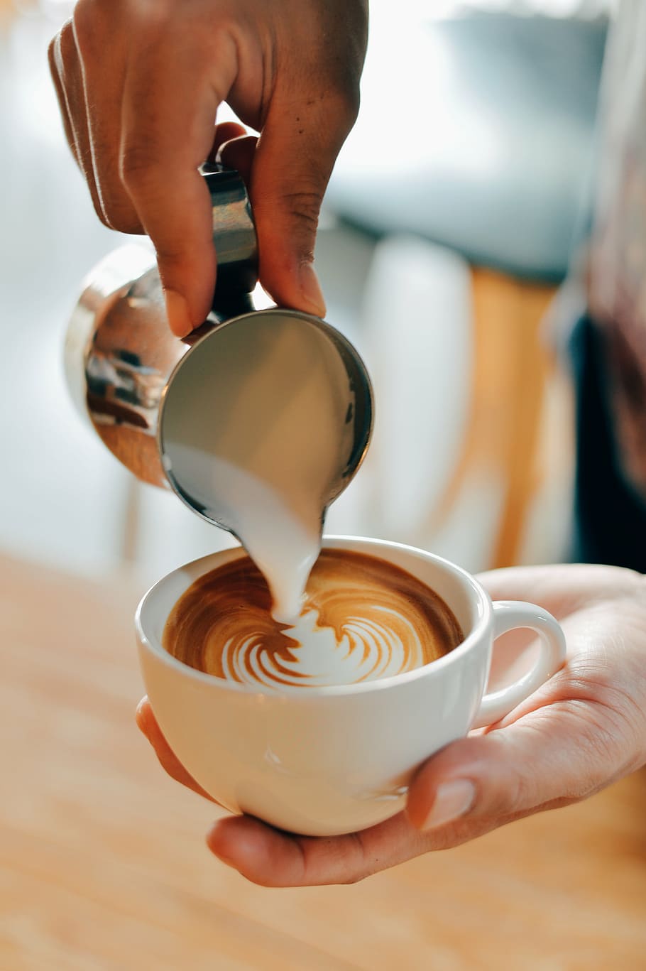 person, pouring, cream, cappuccino coffee, hand, palm, steamed, milk, coffee, latte