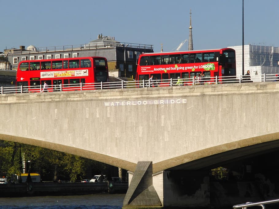 waterloo bridge, londres, autobuses, puente, británicos, autobuses rojos, turistas, estructura construida, arquitectura, transporte