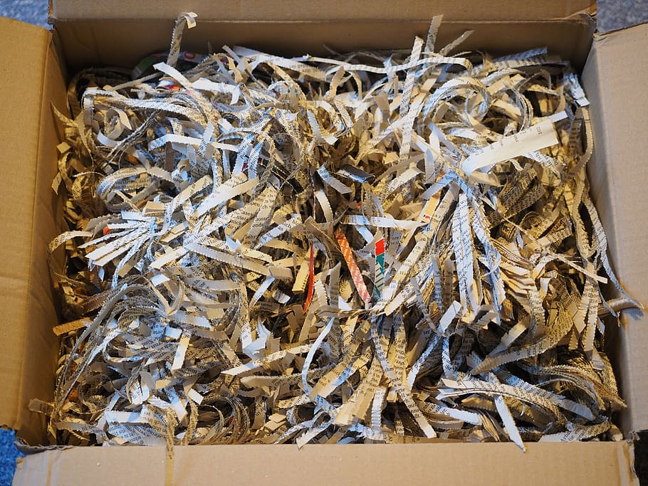 brown box, shredder, crushed, paper, flakes, paper strip, shredded, shredding, stripes, cut