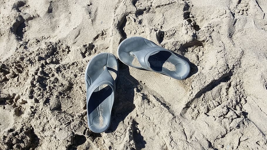 beach, sand, flip flops, heat, land, shoe, nature, high angle view, sunlight, pair