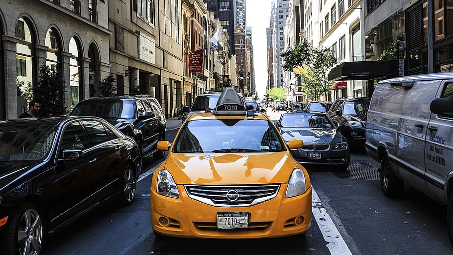 yellow cadillac cab, traffic, manhattan, new york, new york city, midtown, usa, cars, vehicles, cab