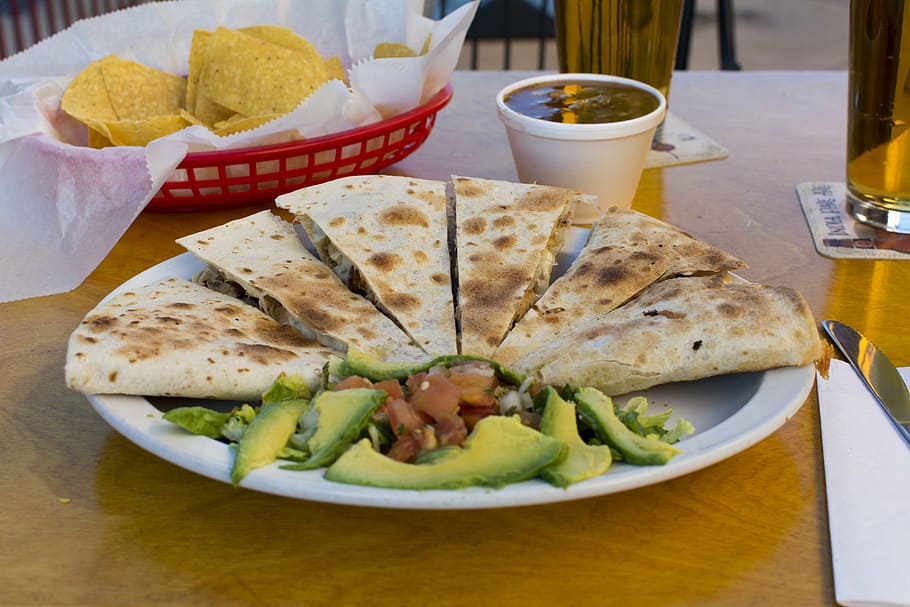 quesadilla on plate, avocado, dip, food, mexican, mexican food, plate, food and drink, ready-to-eat, slice