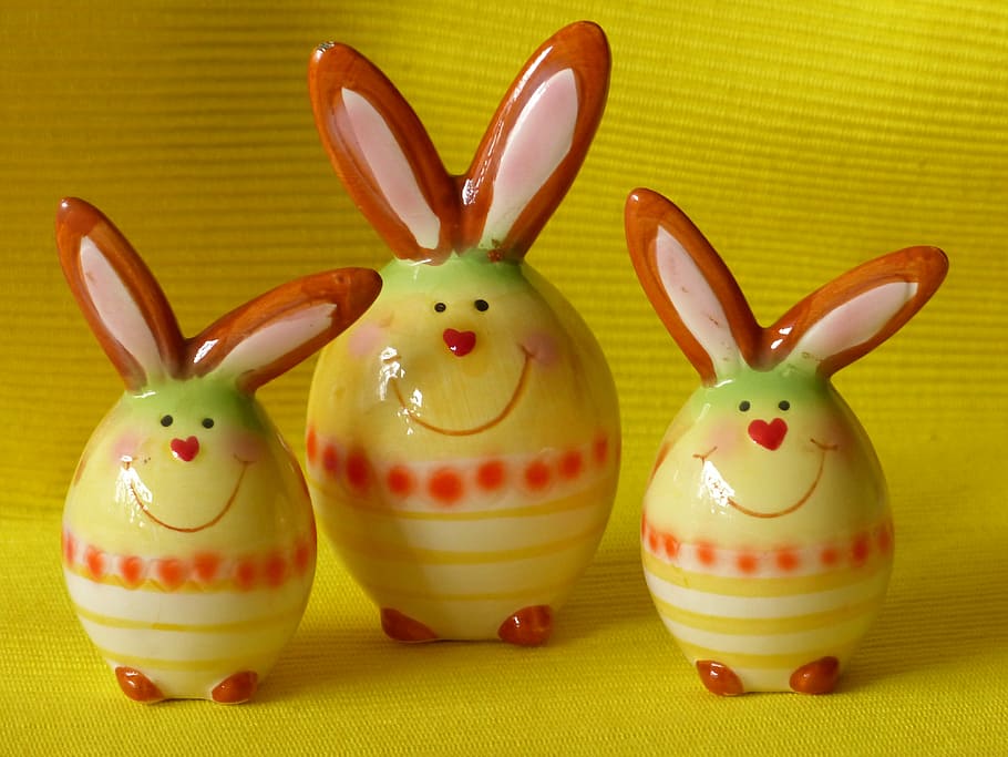 three, yellow-red-and-white, ceramic, bunny figurines, hare, easter bunny, figure, porcelain, sound, colorful