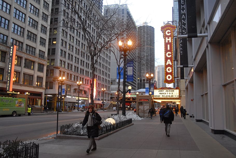 city, street, chicago, illinois, theater, marquee, downtown, architecture, urban, cityscape