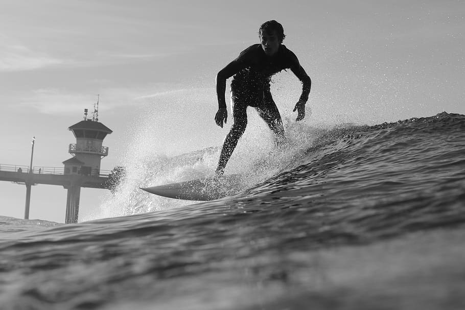 grayscale photography, man surfing, sea, black, white, guy, man, surfing, black and white, sport