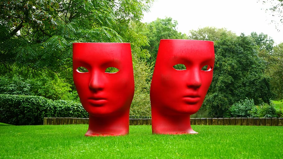 two, red, mask statue, green, grass, surrounded, trees, comedy tragedy masks, art, theatrical
