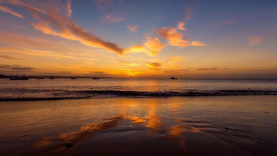 sea shore, sunset, sunrise, tenby, seascape, wales, coast, reflection, wet sand, beach
