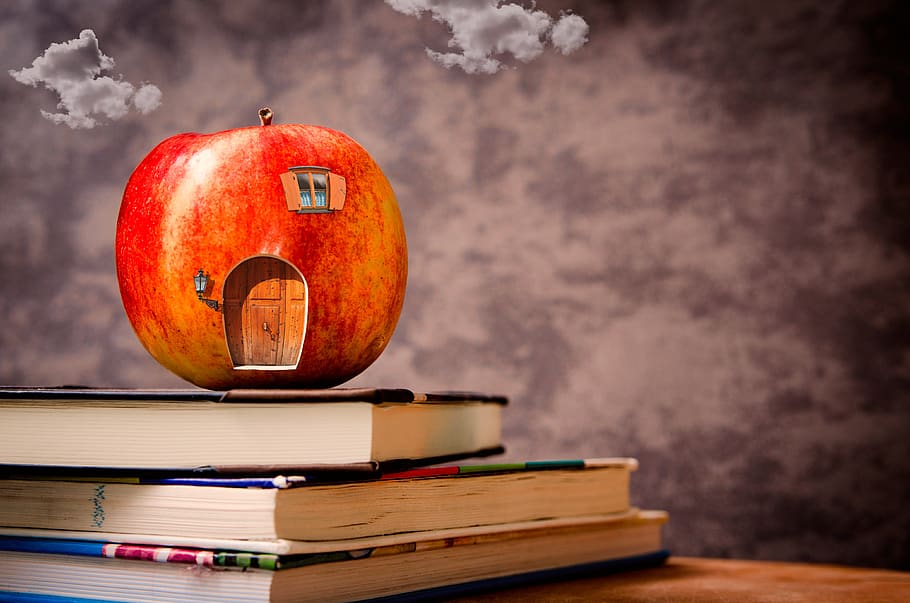 volta às aulas, casa da maçã, maçã com minhoca, casa da minhoca, maçã, professor, mestre, livros, área de trabalho, doce