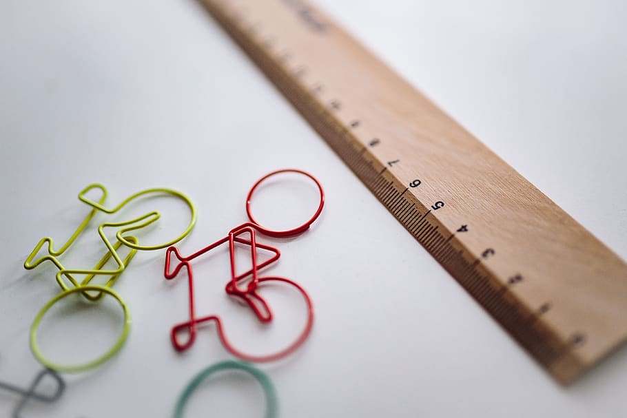 wooden, paper clip, ruler, stationery, Bicycle, paper, clips, indoors, studio shot, white background