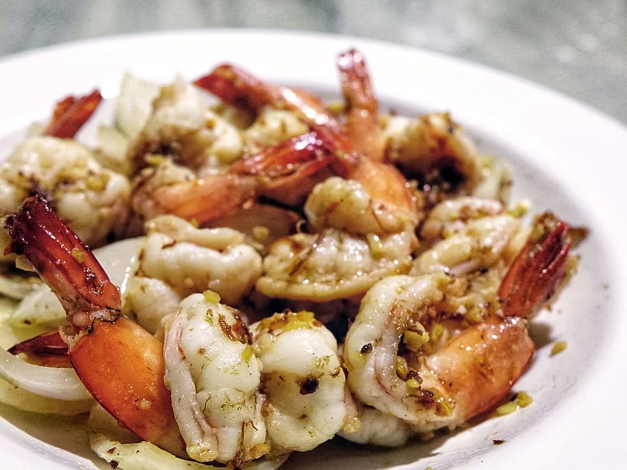 prawn, seafood, shrimp, garlic, onion, food, stir-fried, meal, oily, food and drink