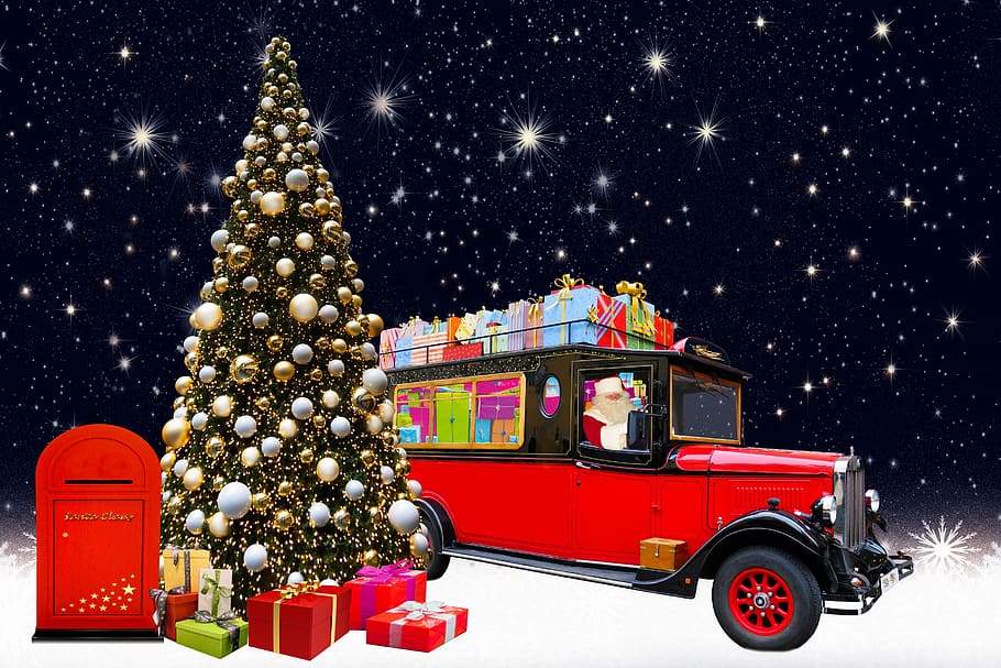background, emotions, christmas, christmas motif, christmas greeting, christmas card, christmas tree, gifts, santa claus, mailbox