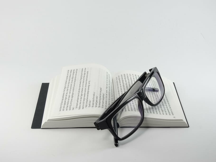 anteojos, negro, marcos, abierto, libro, folleto, leer, gafas, gafas de lectura, papel