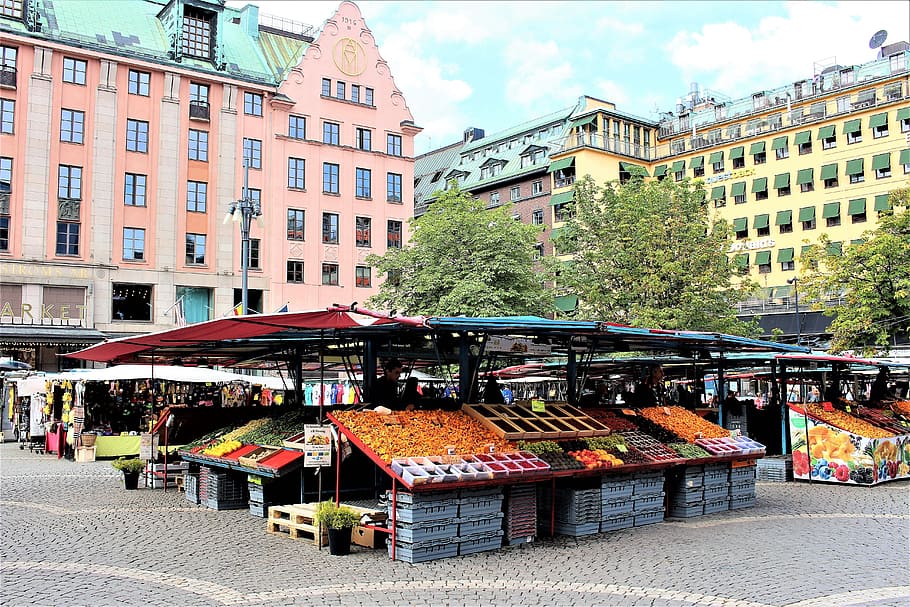 fruit market, buildings, stockholm, farmers' markets, hötorget, market, square, vegetables, fruit, city