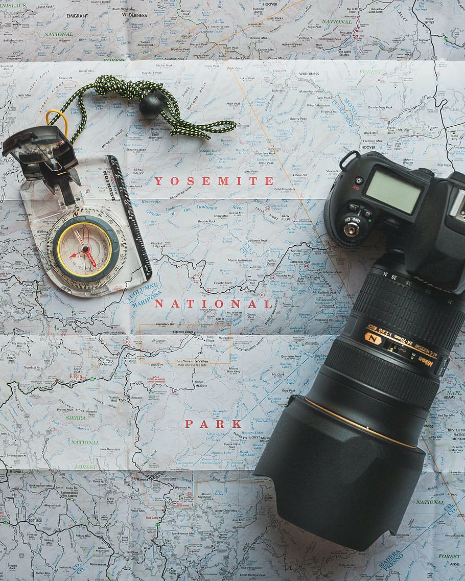 black, nikon dslr camera, map, camera, compass, exploration, guidance, lens, travel, close-up