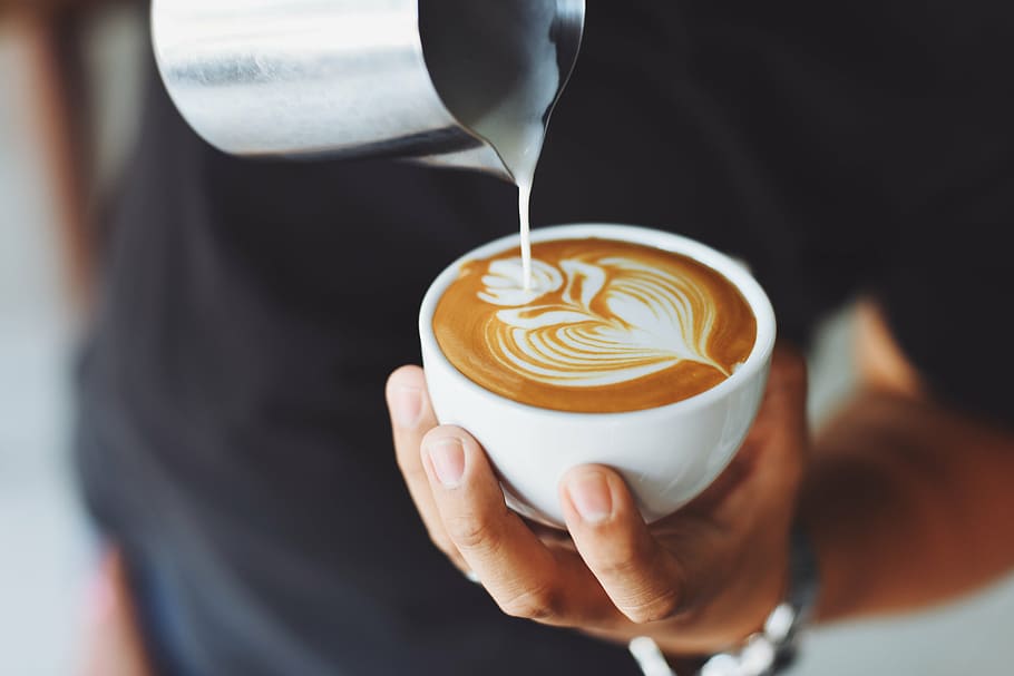 person, pouring, cream, latte, coffee, cafe, hot, mug, cup, white