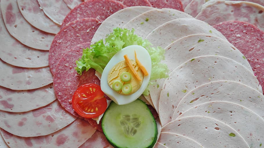 sliced, ham, vegetables, sausage, wurstplatte, breakfast, meat, eat, delicious, food