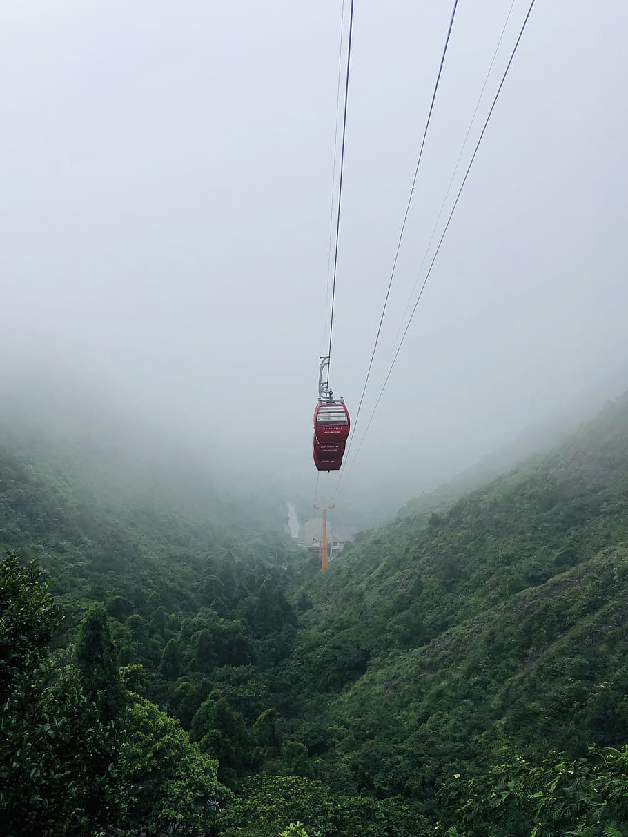 cable car, mountain, outdoor, fresh air, nature, landscape, cabin, fog, transportation, tree