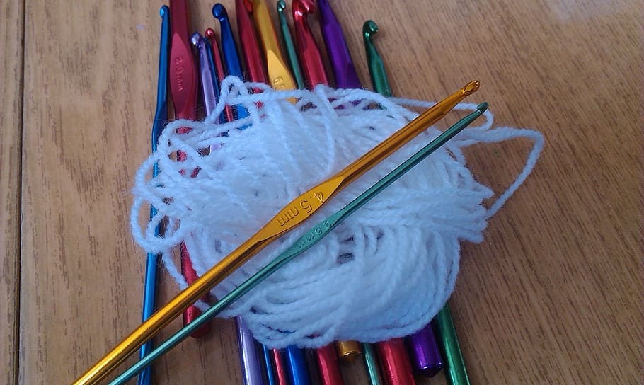 white, yarn, table, Crochet Hook, Needlework, Hand, handicraft, knitting, thread, embroidery