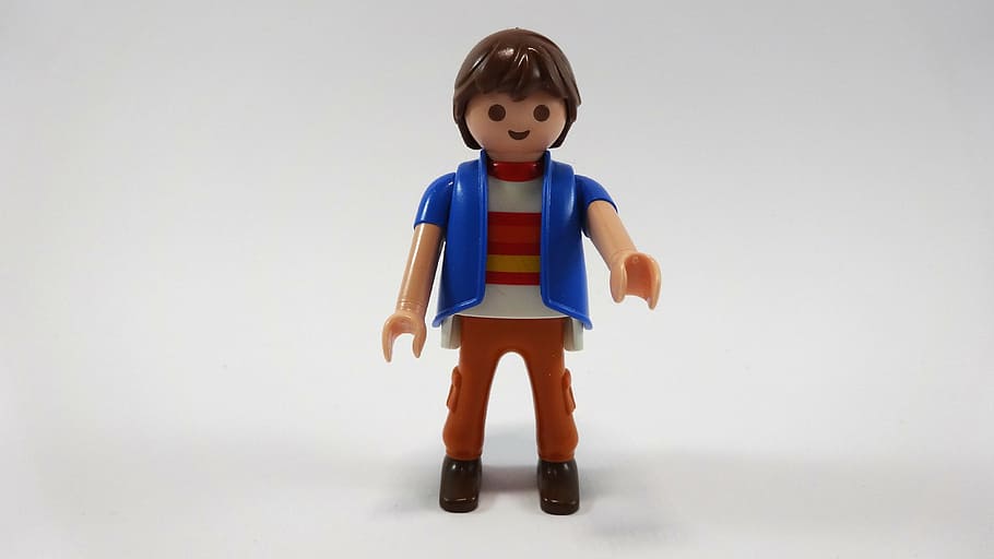 man, vest, toys, playmobil, childhood, child, full length, one person, white background, indoors