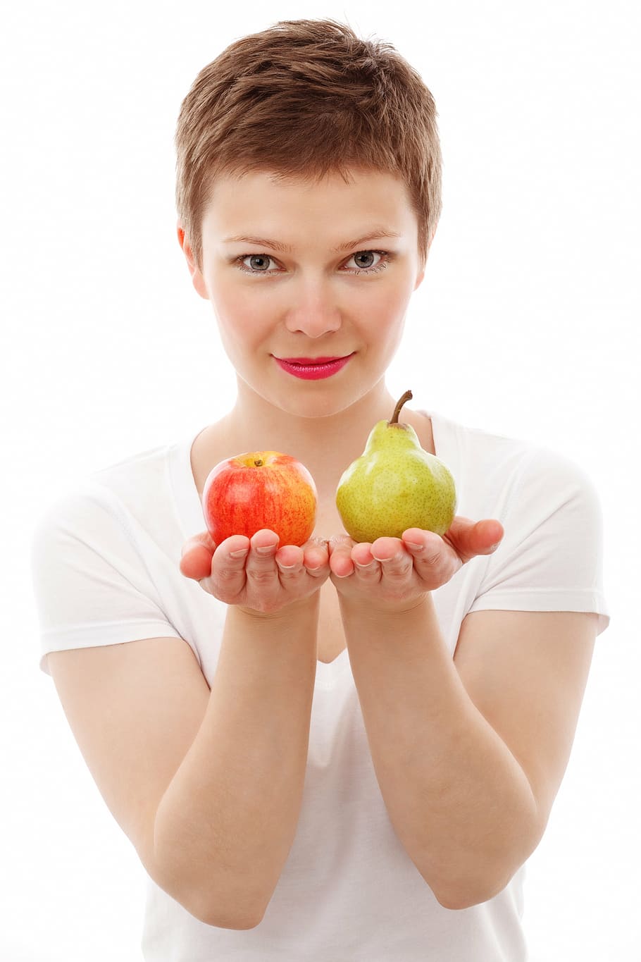 woman, holding, apple, pear fuits, diet, face, food, fresh, fruit, girl