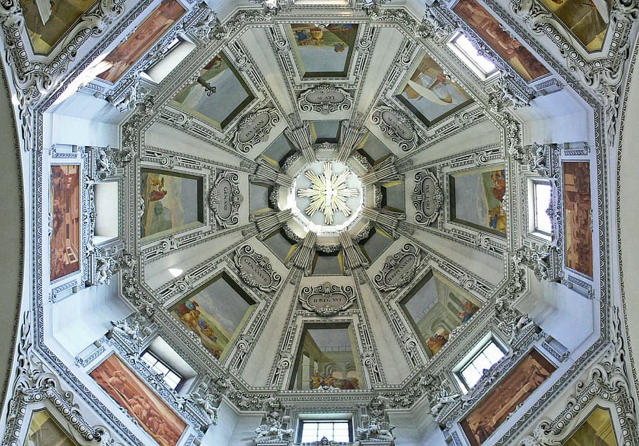 Salzburgo, Dom, Cúpula, Santuario, bóveda de joyas, estuco, pintura, pintura de portada, octogonal, arquitectura