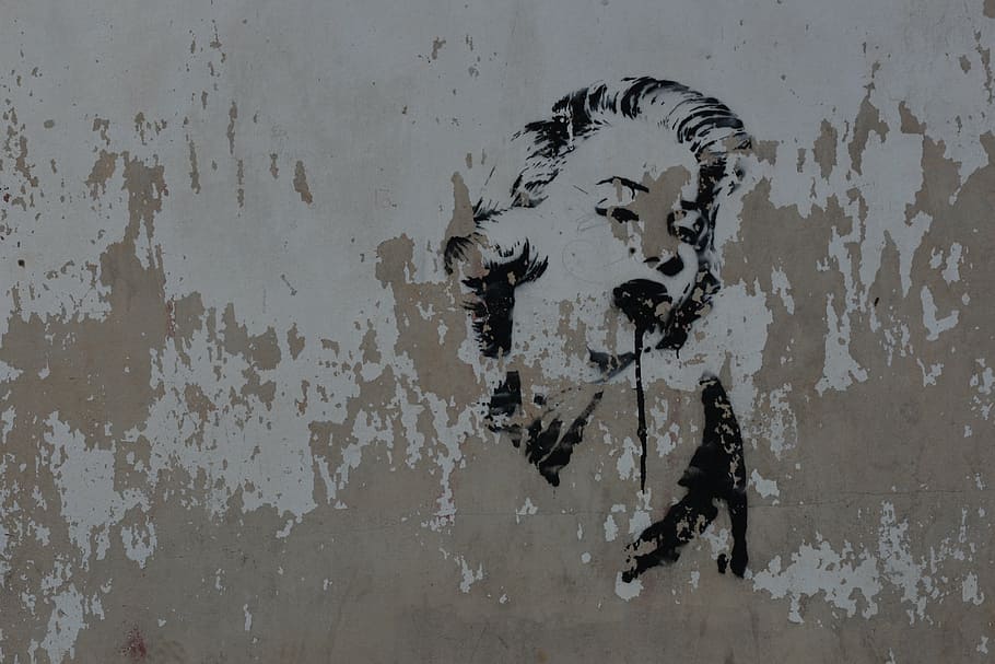 marilyn monroe portrait, marilyn monroe, stencil, mural, grafitti, spray, dirty, backgrounds, wall - building feature, indoors